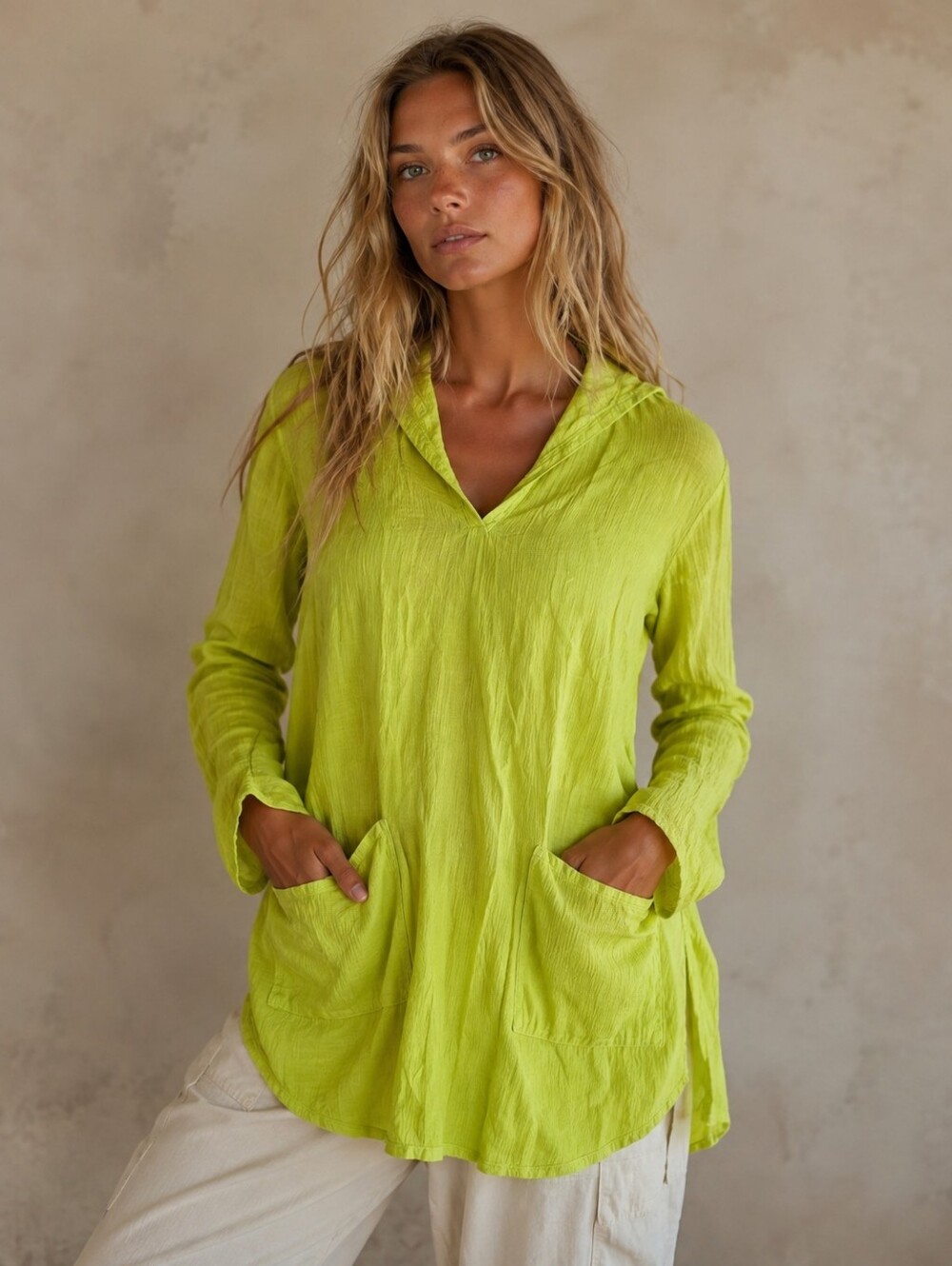 Fresh Produce Lime green Cotton Tunic Shirt Hooded Long Sleeve Lagenlook Coastal